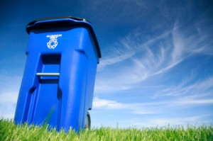 Blue recycling bin in a green field